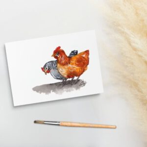 Foto van ansichtkaart met aquarelschildering van twee kippen