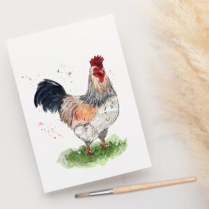 Foto van een ansichtkaart met aquarel van haan