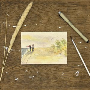 Foto van een ansichtkaart met daarop een aquarel schildering van een strandwandeling op Vlieland