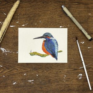 Foto van een aquarel van een ijsvogel gedrukt op een ansichtkaart