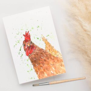 Aquarelschildering van een kip op een kaart gedrukt door a Girl in the Field