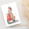 Foto van een ansichtkaart met een aquarelschildering van een meisje op een Vespa door a Girl in the Field